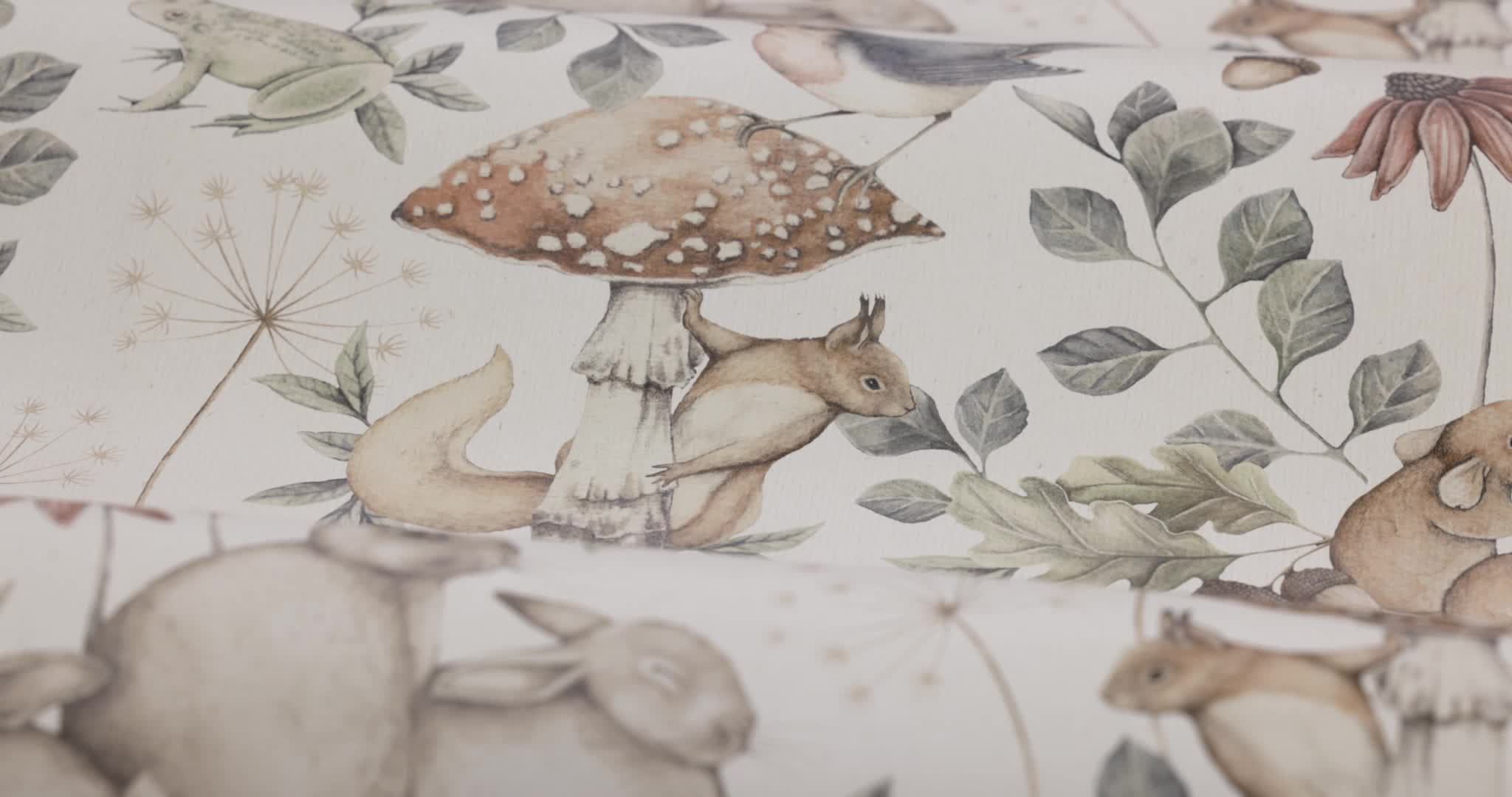 Skandináv gyerek tapéta nyuszi mókus erdei állatos mintával