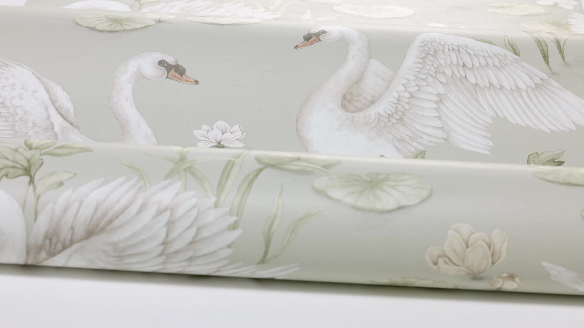 Hattyú mintás gyerek tapéta lányszobába halványzöld alapon