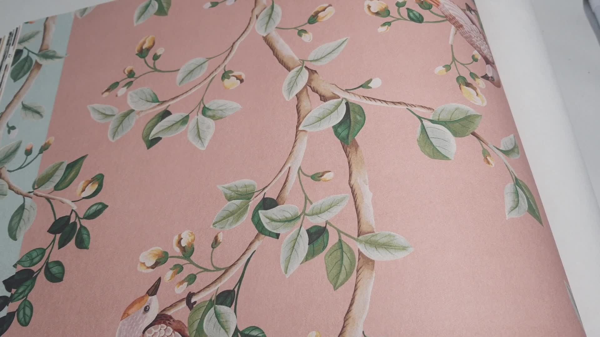 Madár virág mintás tapéta romantikus stílusban