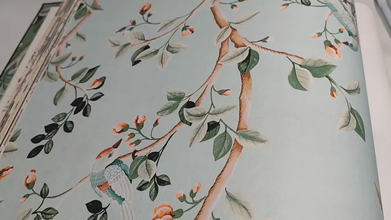 Türkiz dekor tapéta madár romantikus botanikus mintával