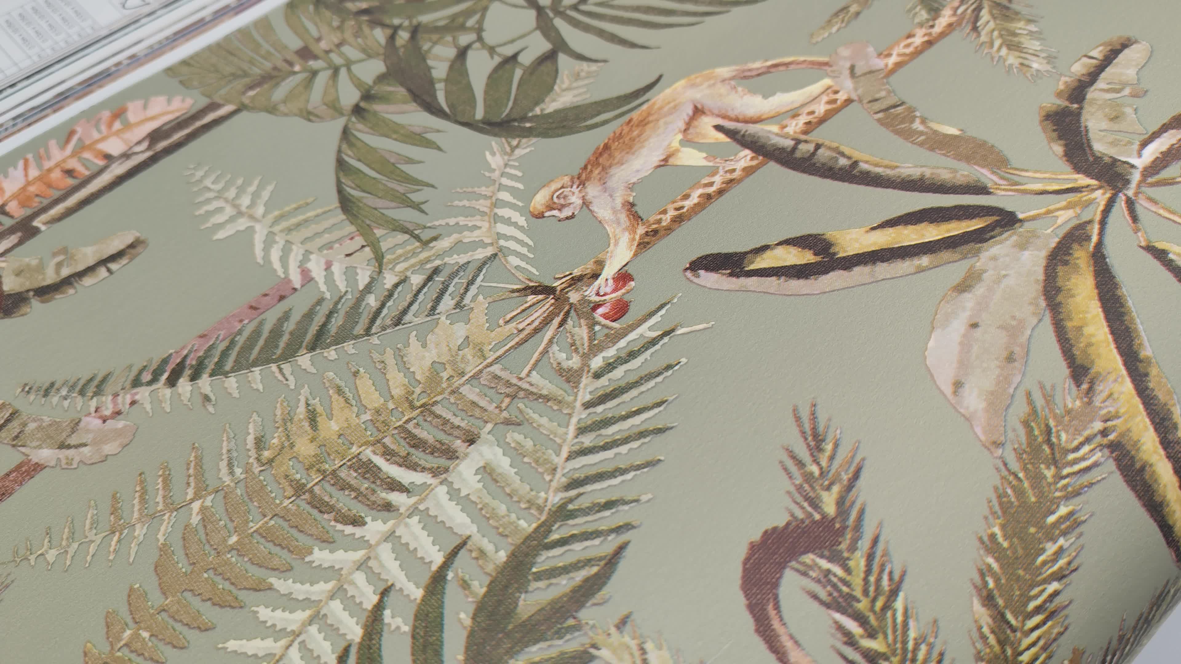 Zöld dekor tapéta majom pálmafa mintával