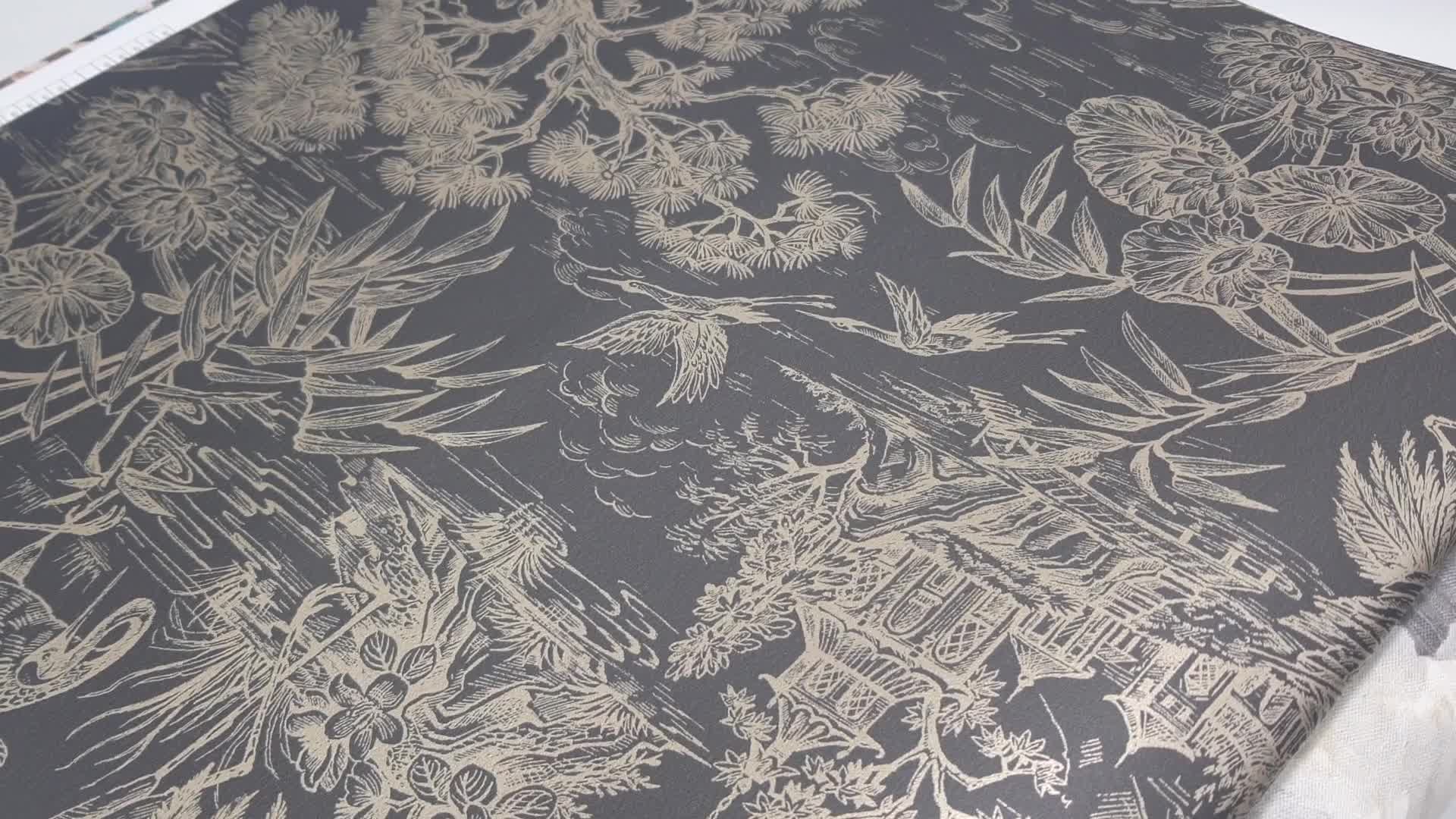 Keleties design tapéta madár botanikus mintával fekete arany