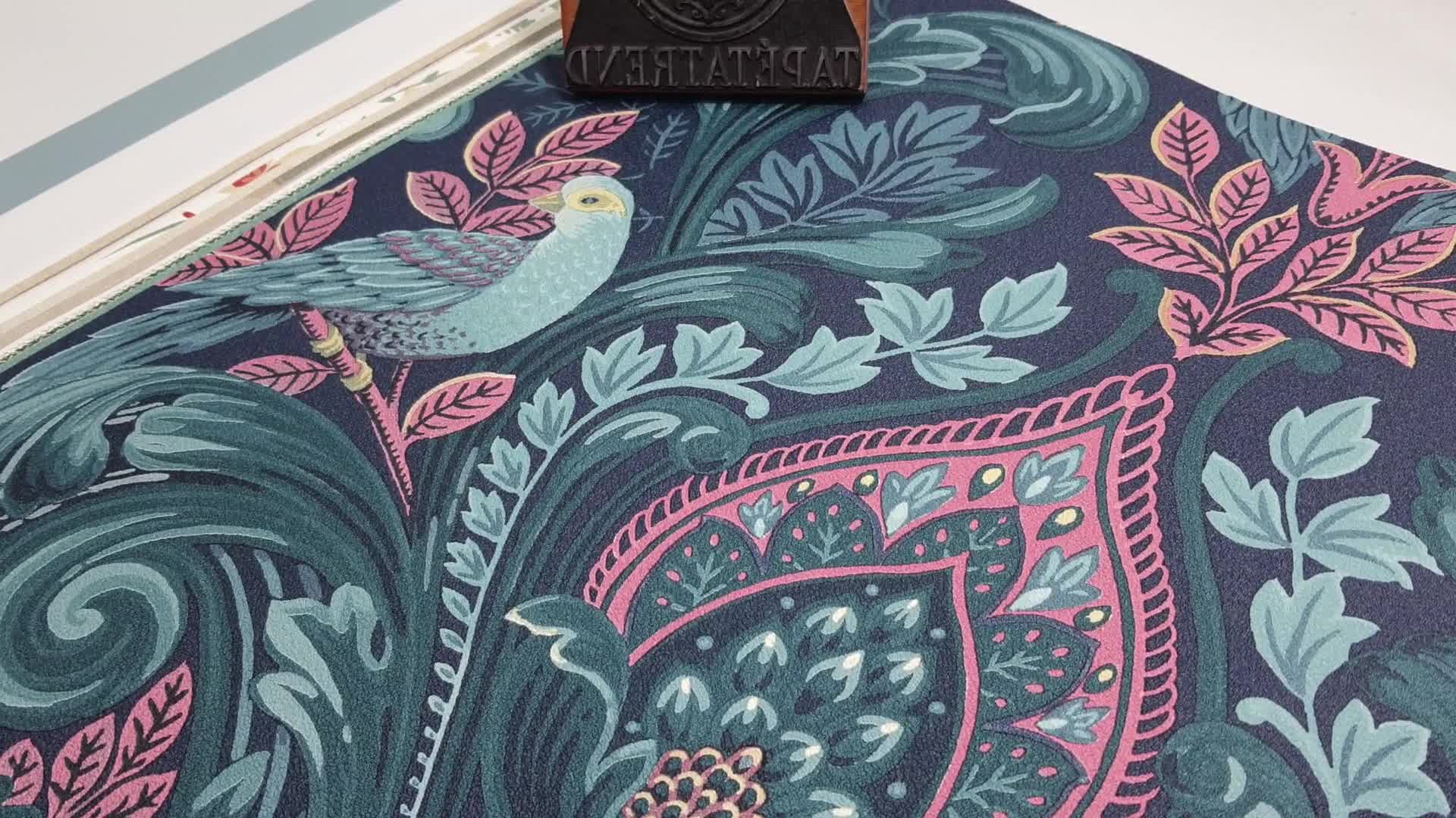 Vinyl tapéta népies madár és botanikus mintával