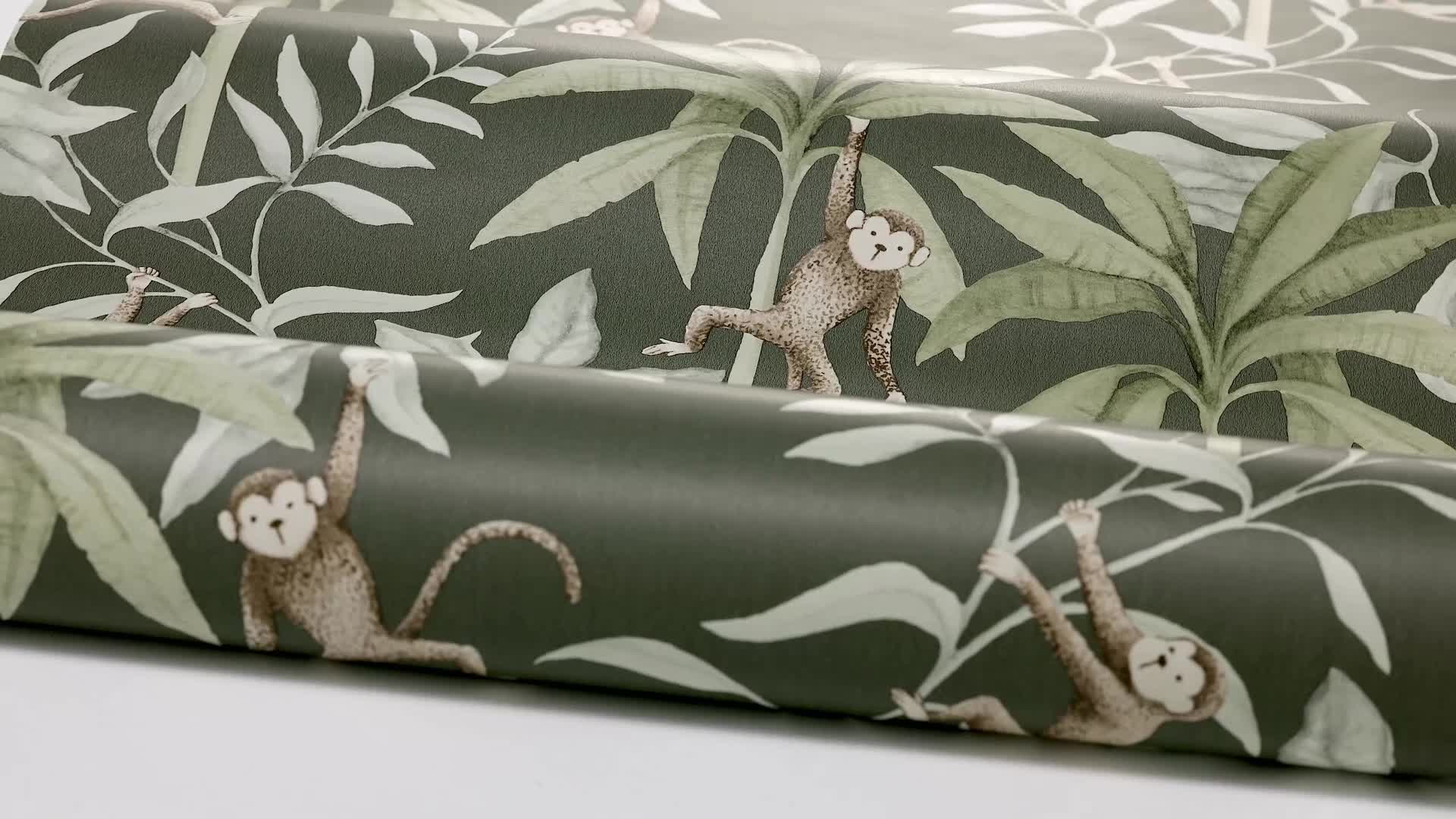Gyerek tapéta maki dzsungel mintával antracit alapon
