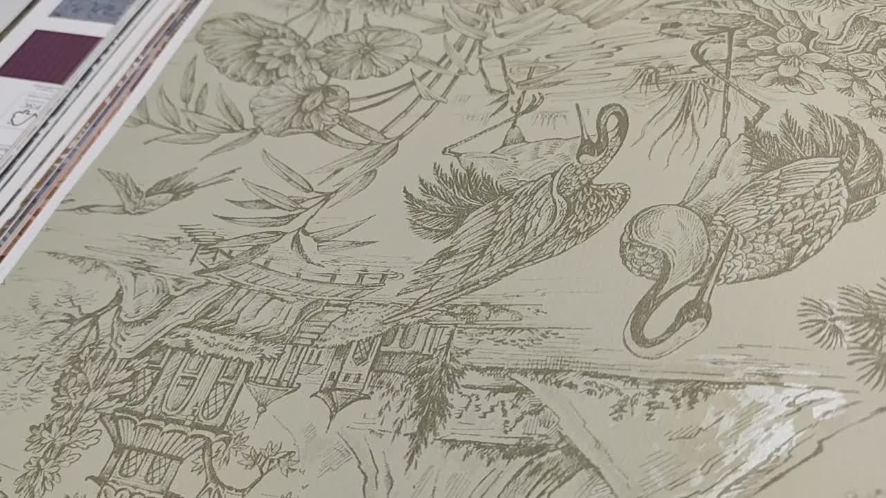 Dekor tapéta zöld színben keleties tájkép madár mintával