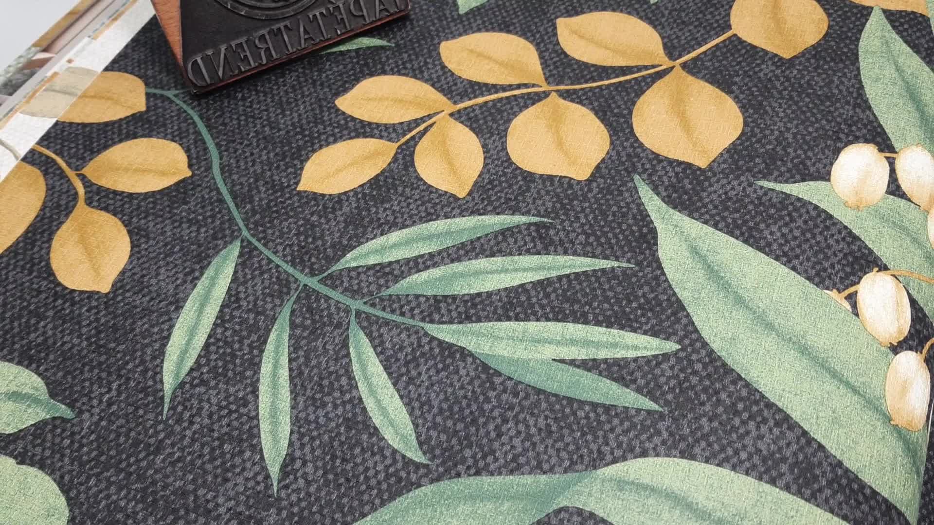 Zöld okker levélmintás vinyl tapéta fekete alapon