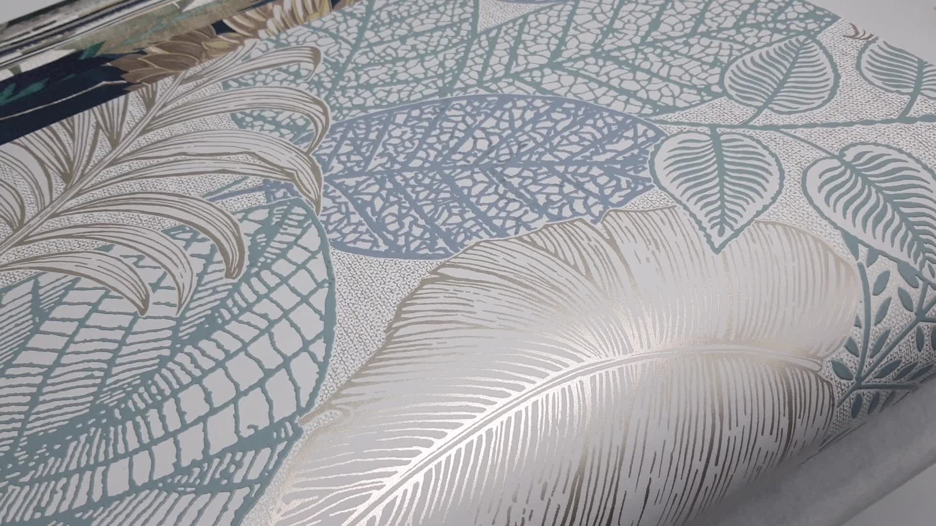 Levélmintás dekor tapéta halványkék arany színekkel