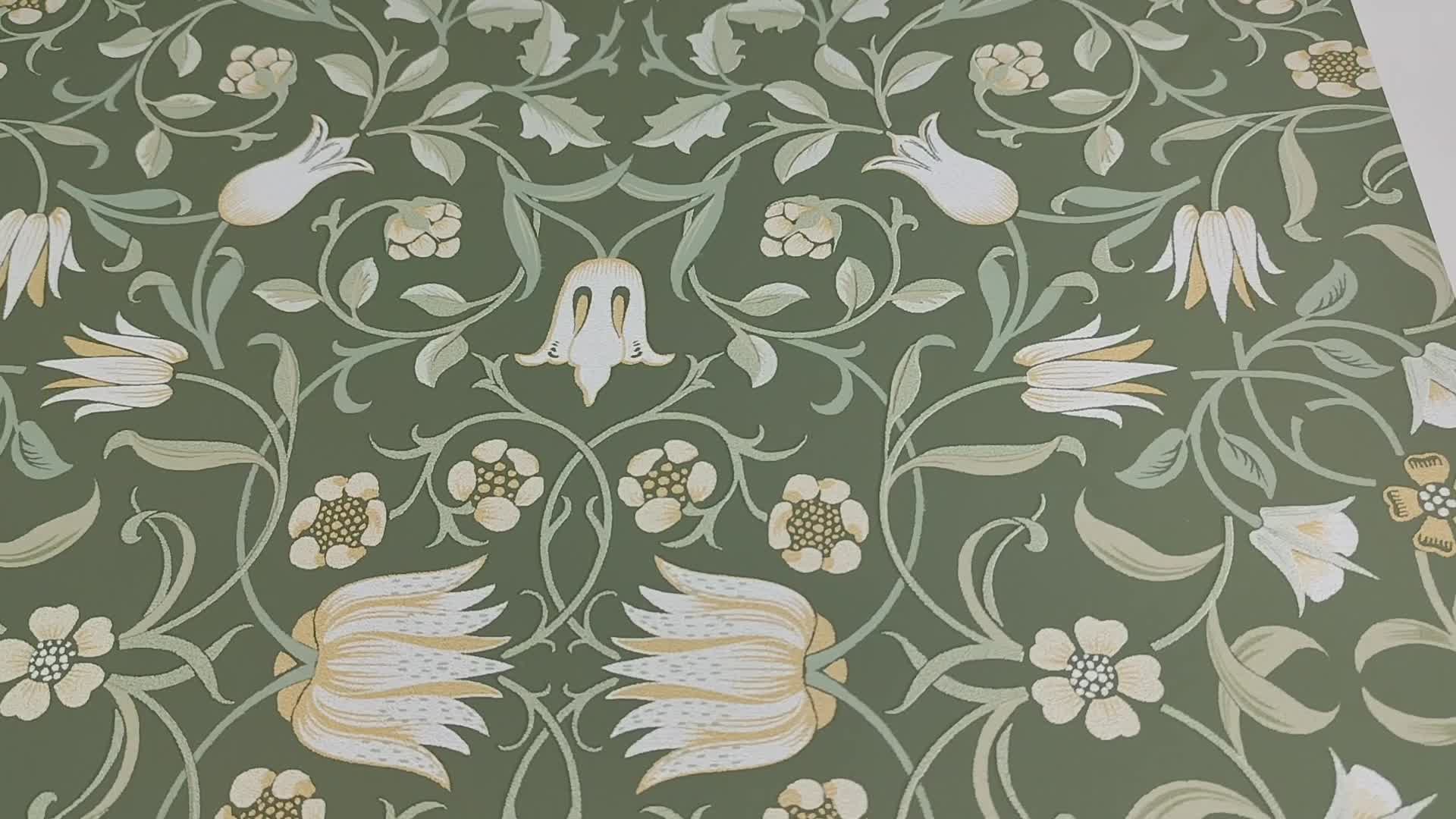 Zöld angol vintage dekor tapéta virágos mintával