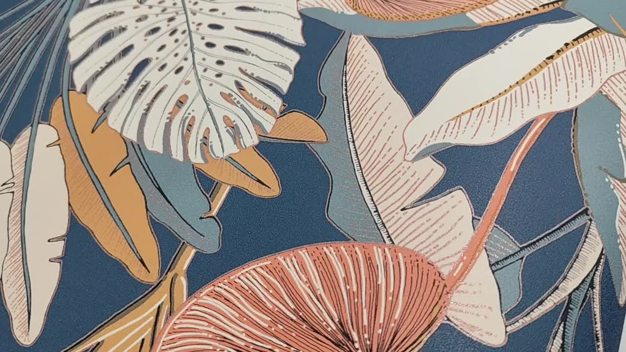 Levél mintás dekor tapéta sárga kék színben