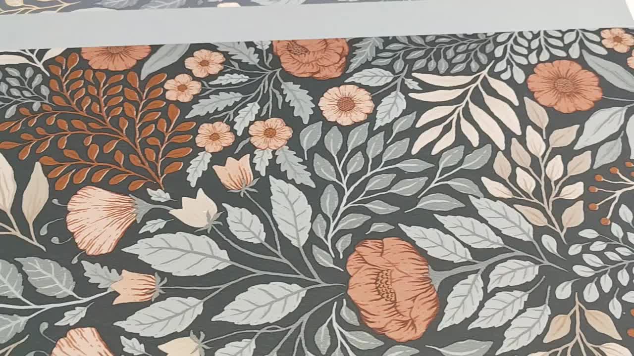 Vintage dekor tapéta virág levél mintával kék piros meleg színekkel