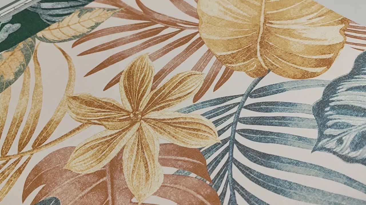 Design tapéta nagy levél mintával sárgás barna türkiz színben