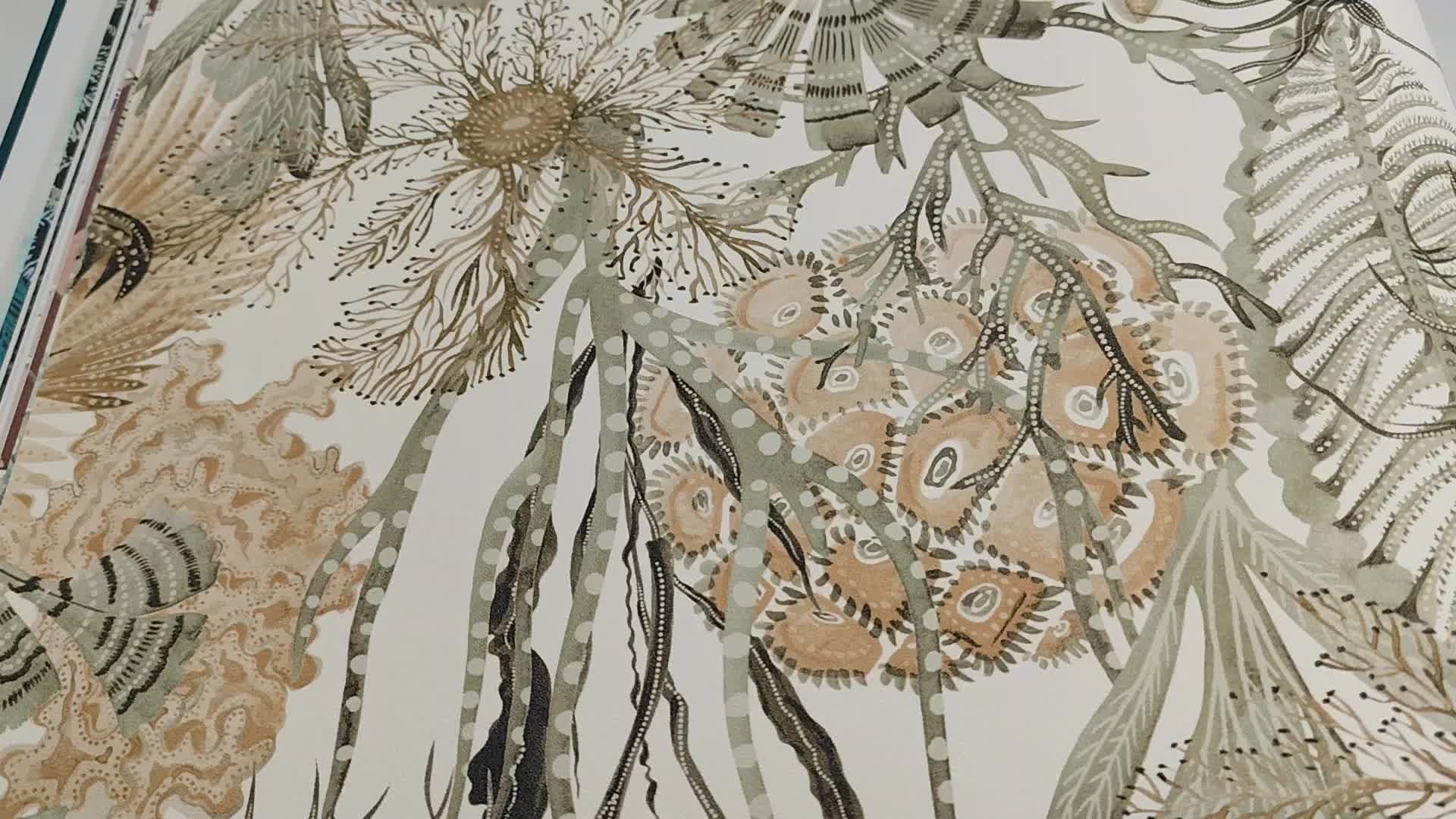 Mosható bohém deklor tapéta beige és zöld növény mintával