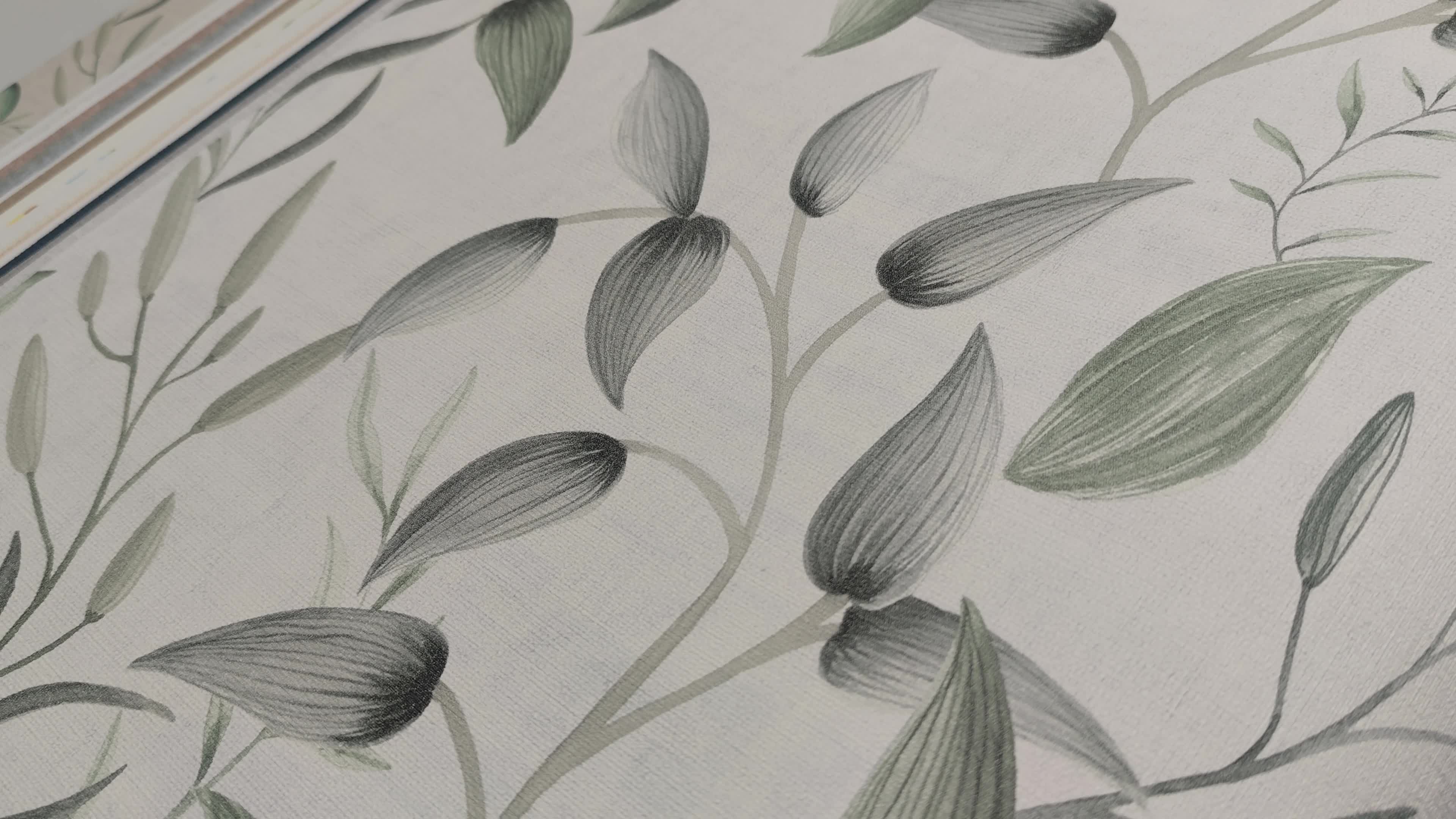 Vinyl dekor tapéta világos fehér alapon zöld színben növényi mintáva