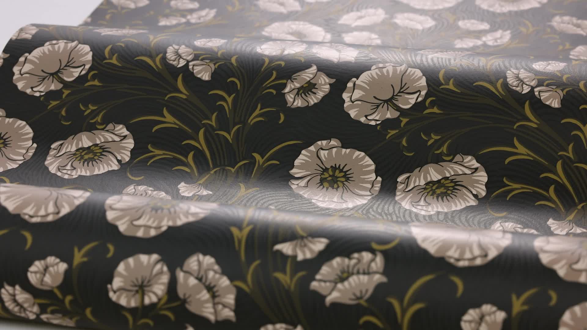 Elegáns dekor tapéta pipacs mintával szürkészöld színben