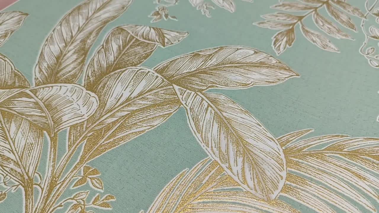 Türkiz arany tapéta leveles mintával