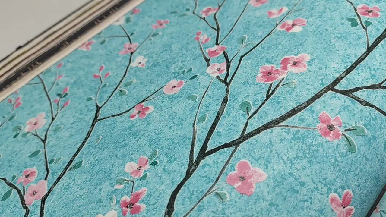 Türkíz orientális japán stílusú cseresznyevirág mintás tapéta