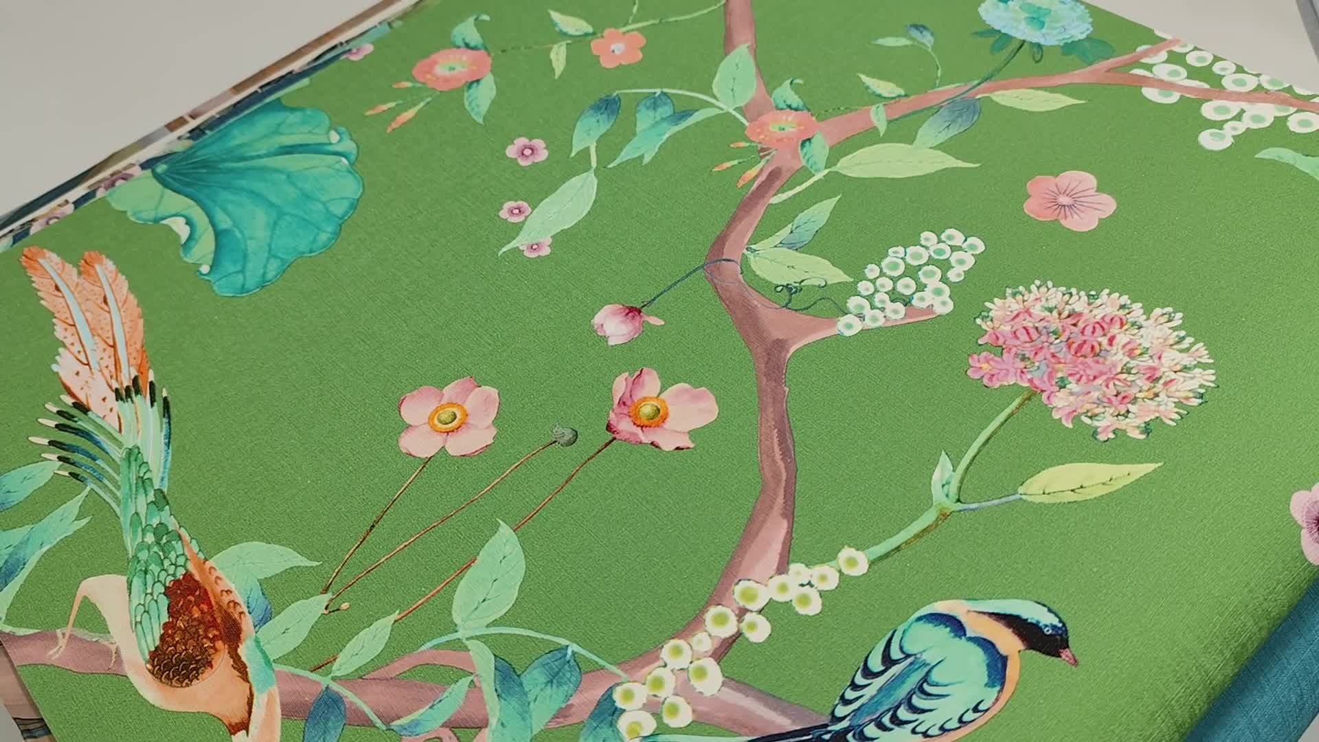 Zöld madár és virágmintás keleties dekor tapéta