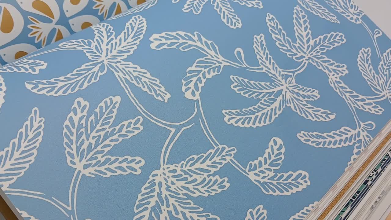 Kék skandináv stílusú levélmintás tapéta