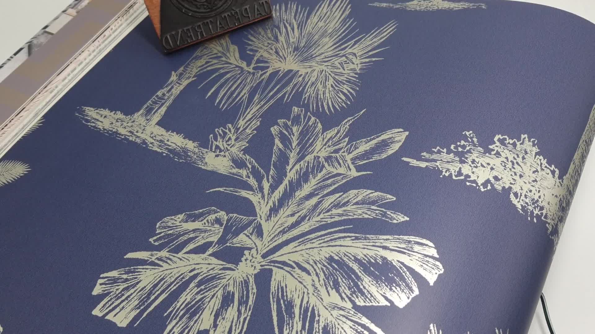 Kék trópusi pálmafa mintás metál fényű dekor tapéta