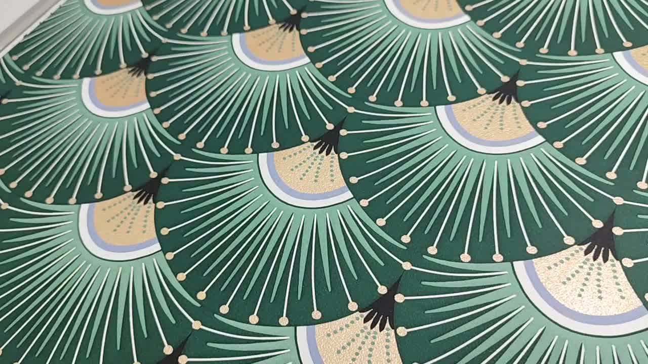 Zöld vlies tapéta art deco stílusú kagyló mintával