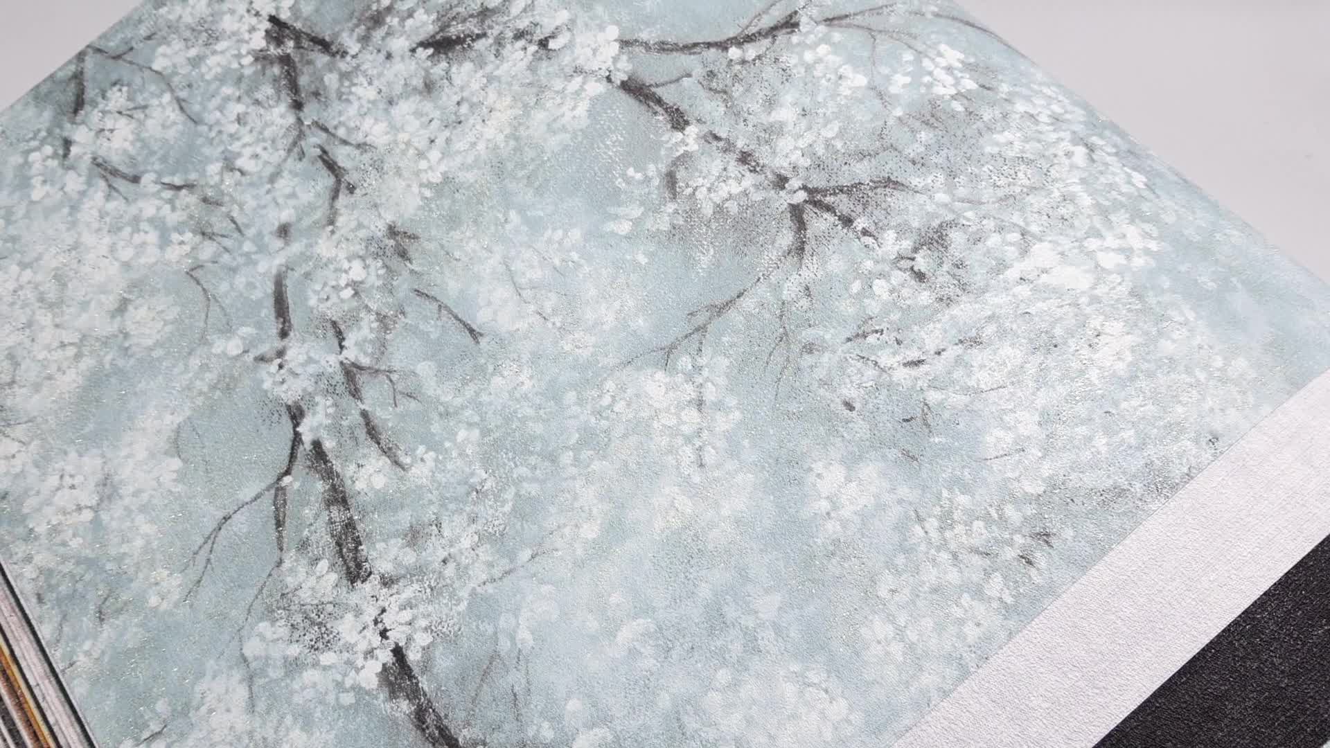 Kék alapon vintage hangulatú faág mintás vlies tapéta